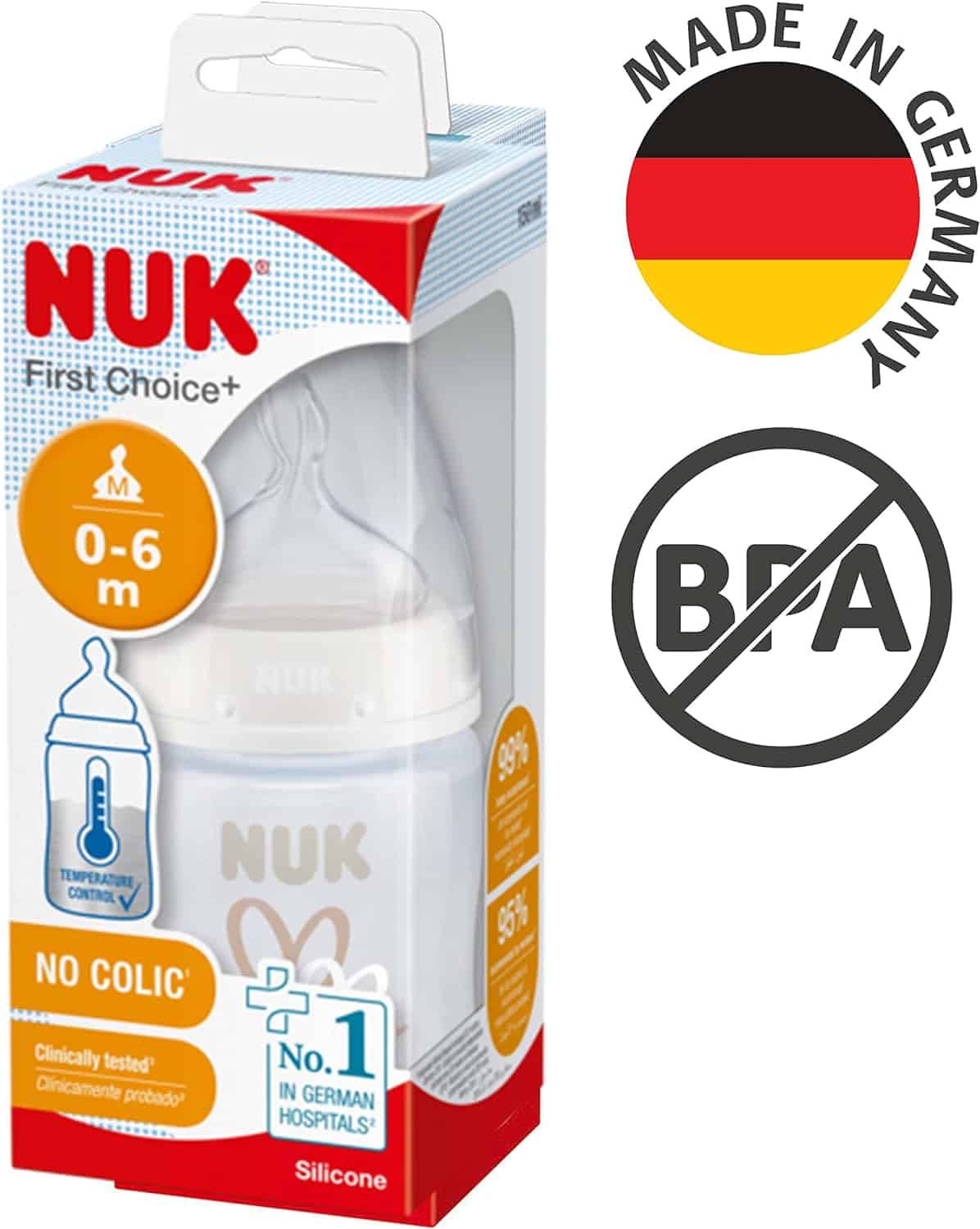 Nuk First Choice+ avec Temperature Control Biberon a cuore Taglia M in  silicone da 0 a 6 mesi 150 ml - Easypara