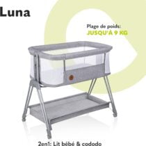 Découvrez le lit cododo Lionelo Luna Grey Concrete, parfait pour les voyages. Confort, sécurité et praticité pour votre bébé jusqu'à 9 kg. Idéal pour les familles modernes en déplacement.
